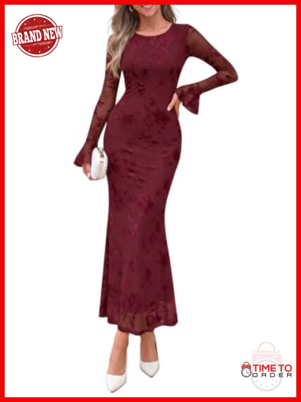Women's Long Sleeve Maxi Floral Mesh Mermaid Wedding Guest Dress